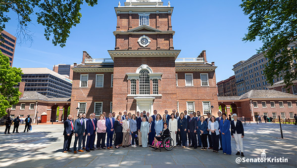 State senators gather in front of Independence Hall in Philadelphia