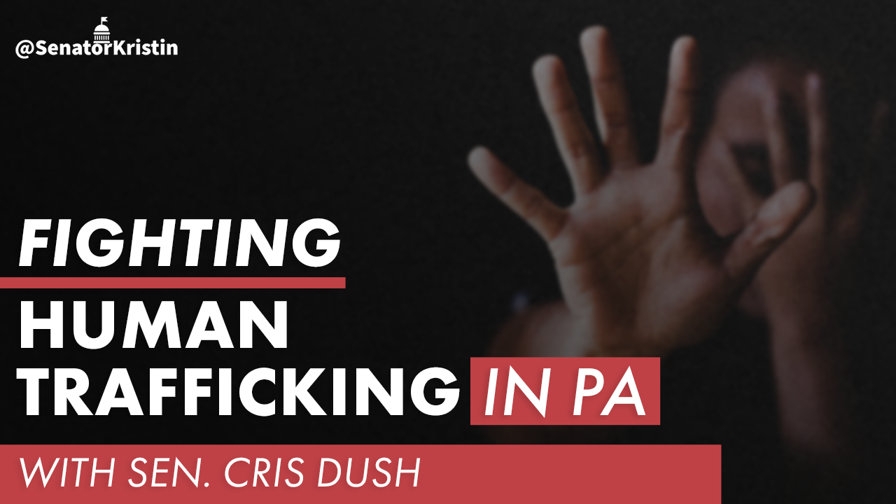 Hands reaching out seeking help, with text that reads: Fighting Human Trafficking in PA with Sen. Cris Dush