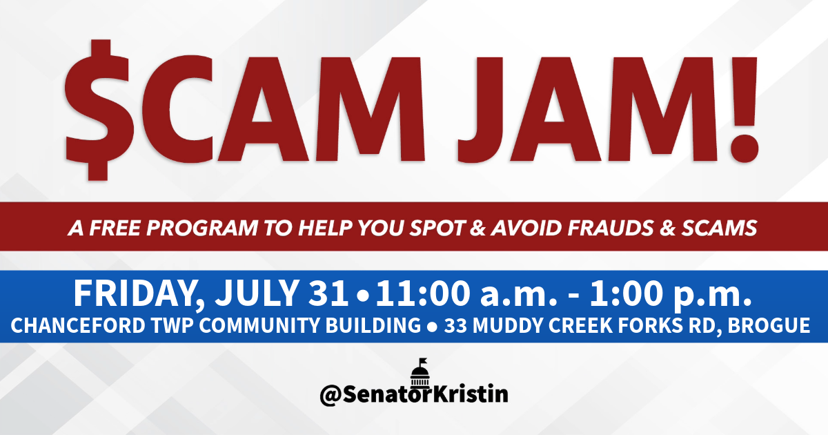 Graphic which reads “SCAM JAM: A FREE PROGRAM TO HELP YOU SPOT FRAUDS AND SCAMS” along with event time and location details.