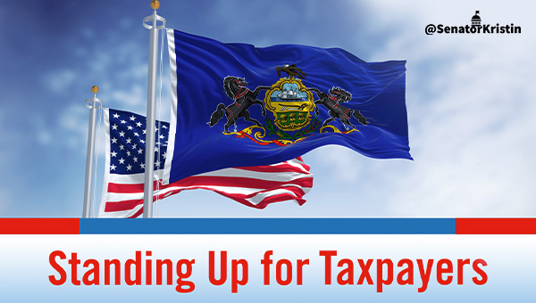 The U.S. and Pennsylvania Flag with text which reads: “Standing Up for Taxpayers”.