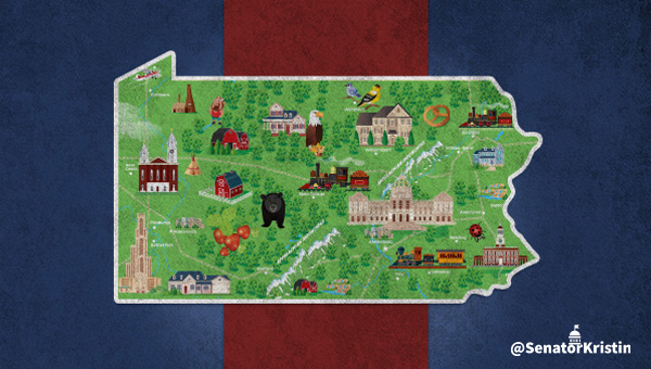 A map of Pennsylvania with various attractions.