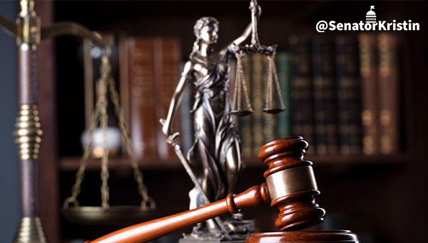 Lady Justice figurine with a gavel in the foreground.
