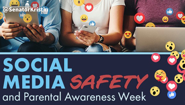 People with devices in their hands with emojis and text which reads “Social Media Safety and Parental Awareness Week”.