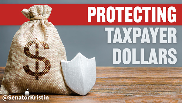 A bag of money with a shield and text which reads “PROTECTING TAXPAYER DOLLARS.”