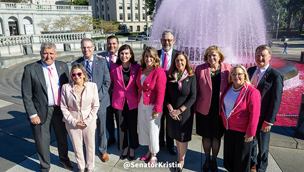 Sen. Phillips-Hill standing with colleagues in front of the Capitol fountain which was dyed pink.
